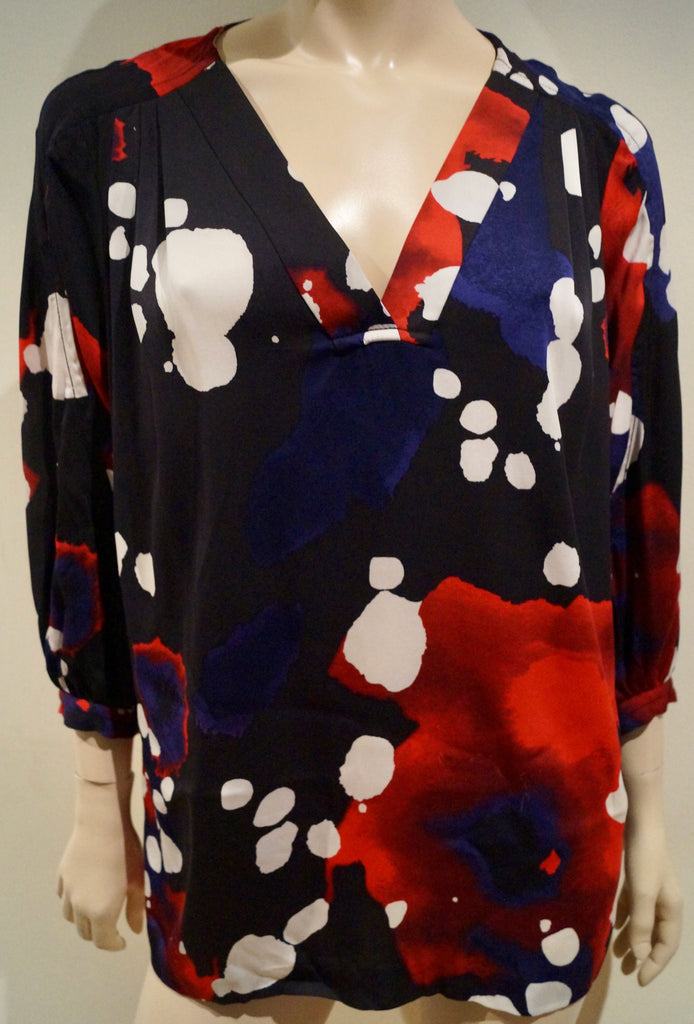DVF DIANE VON FURSTENBERG Black & Multi-Colour Abstract Print Blouse Top 10 UK14