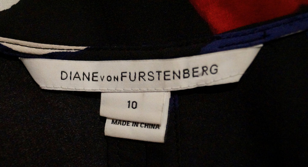 DVF DIANE VON FURSTENBERG Black & Multi-Colour Abstract Print Blouse Top 10 UK14