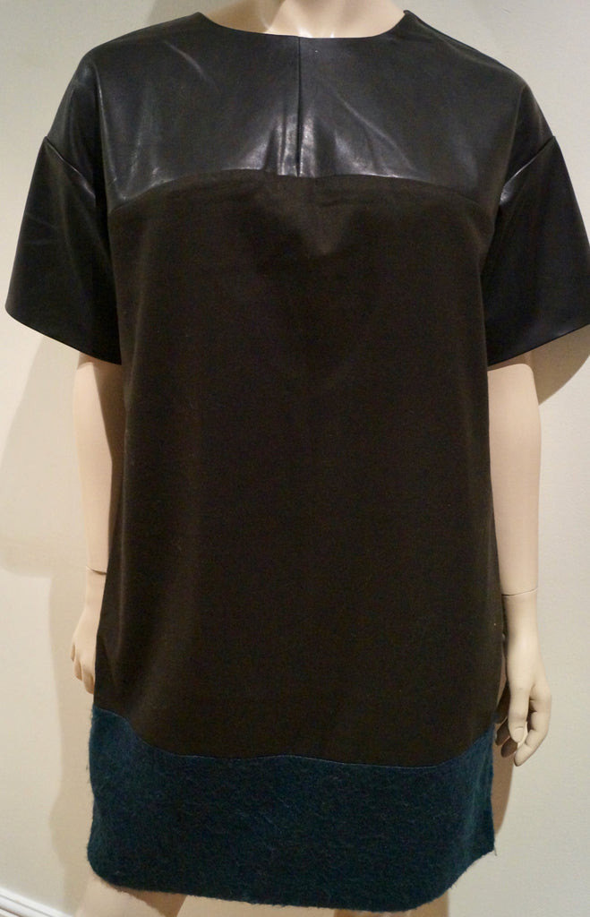 BANANA REPUBLIC Black Faux Leather Round Neck Short Sleeve Tunic Dress Sz:M