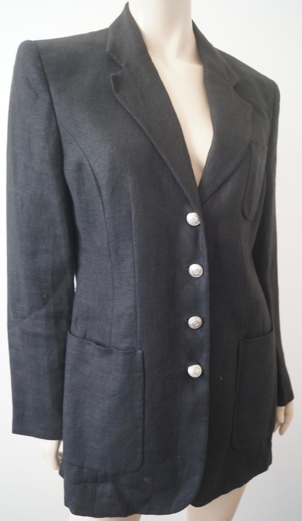 RENA LANGE JEANS Black 100% Flax Branded V Neckline Lined Blazer Jacket D44 GB18