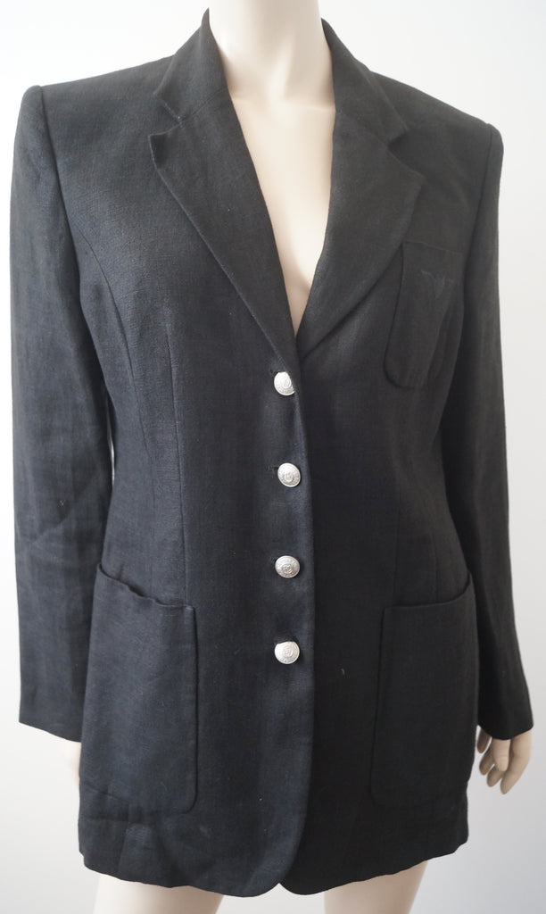 RENA LANGE JEANS Black 100% Flax Branded V Neckline Lined Blazer Jacket D44 GB18
