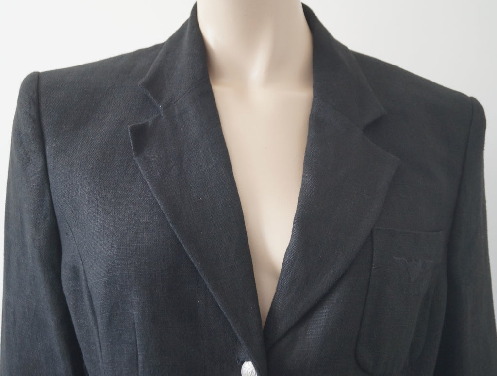 RENA LANGE JEANS Black 100% Flax Branded V Neckline Lined Blazer Jacket D44 GB18