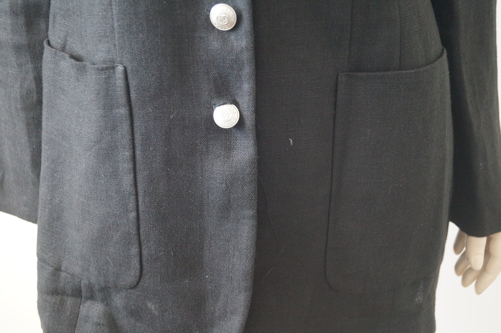 RENA LANGE JEANS Black 100% Flax Branded V Neckline Lined Blazer Jacket D44 GB18