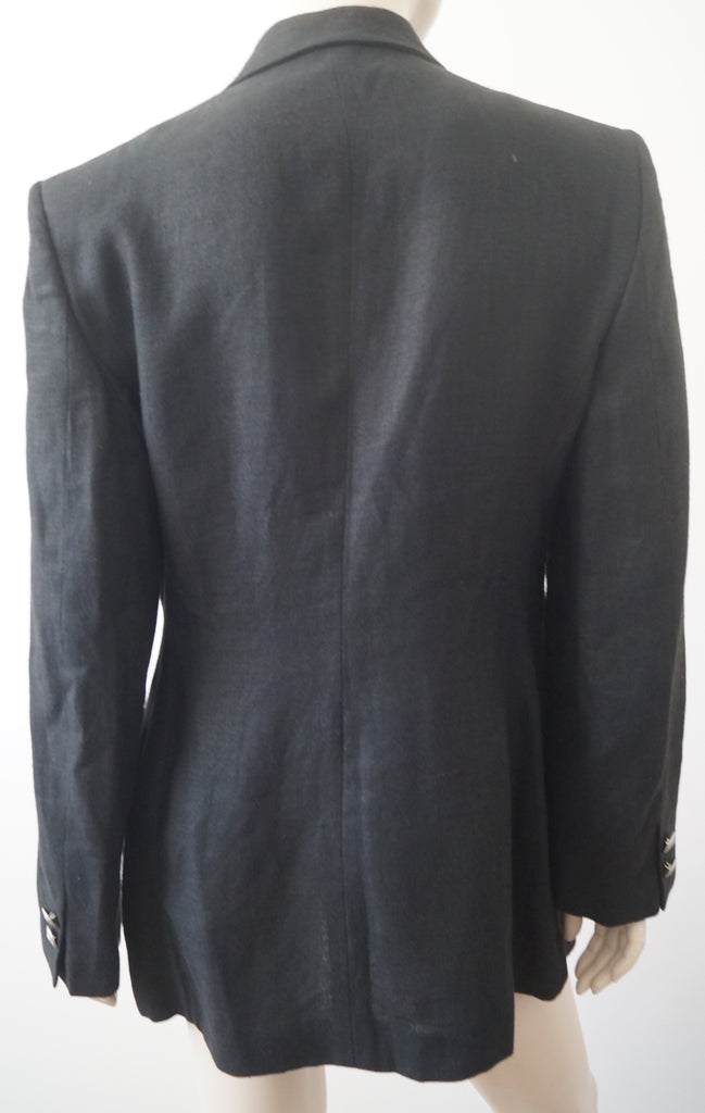 RENA LANGE JEANS Black 100% Flax Branded V Neckline Lined Blazer Jacket D44 GB18