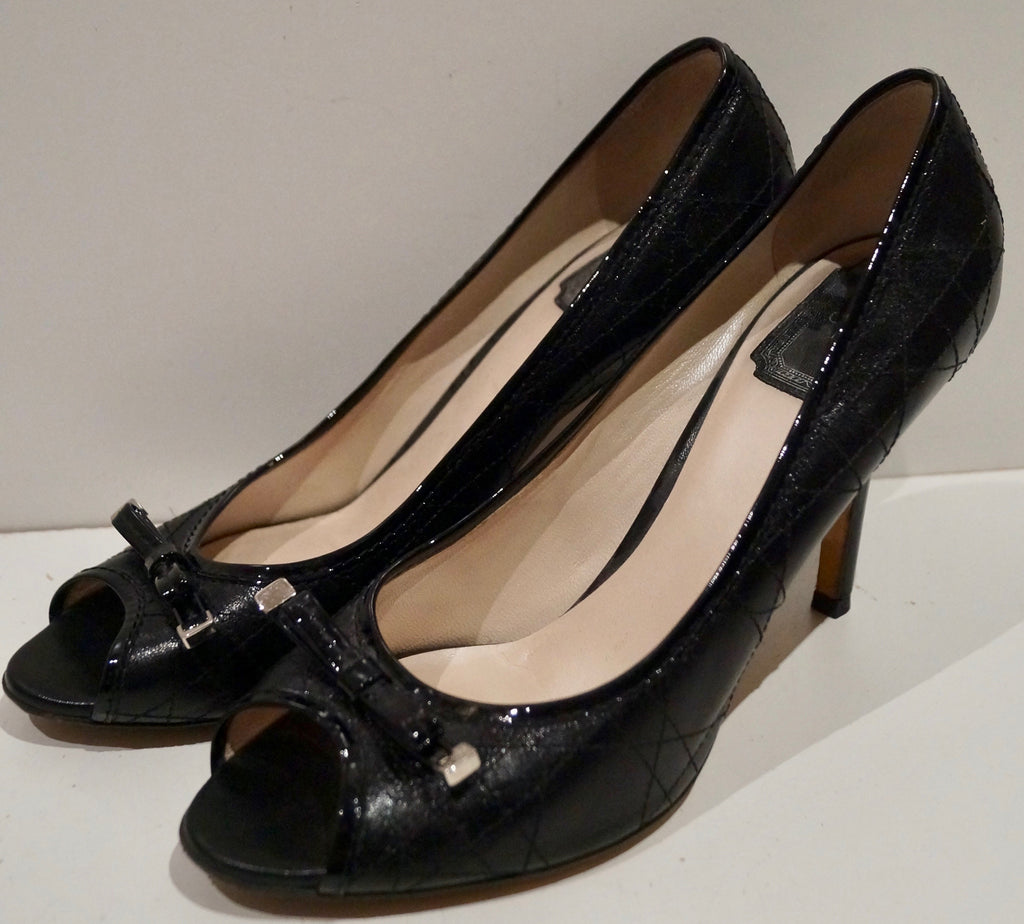 CHRISTIAN DIOR Black Leather Stitch Detail Branded Peep Toe Sandals Shoes UK6.5