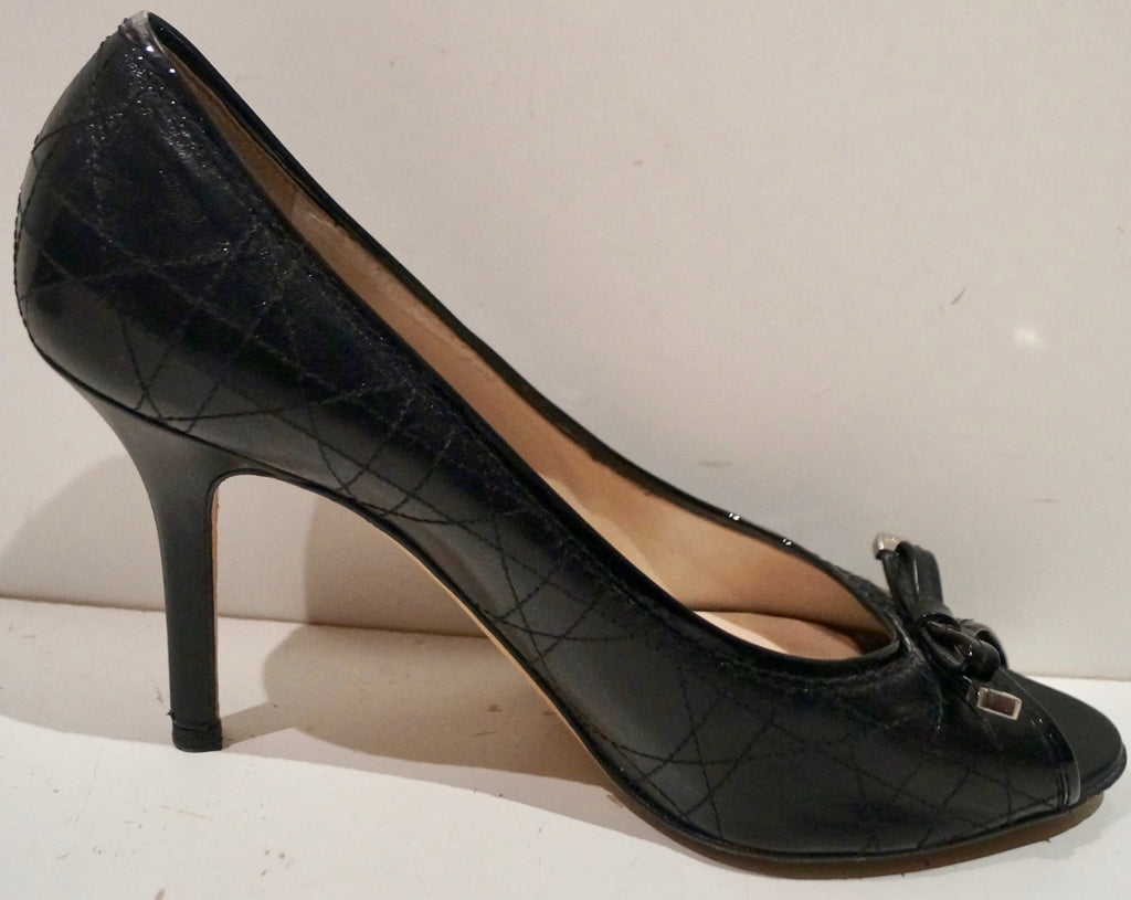 CHRISTIAN DIOR Black Leather Stitch Detail Branded Peep Toe Sandals Shoes UK6.5