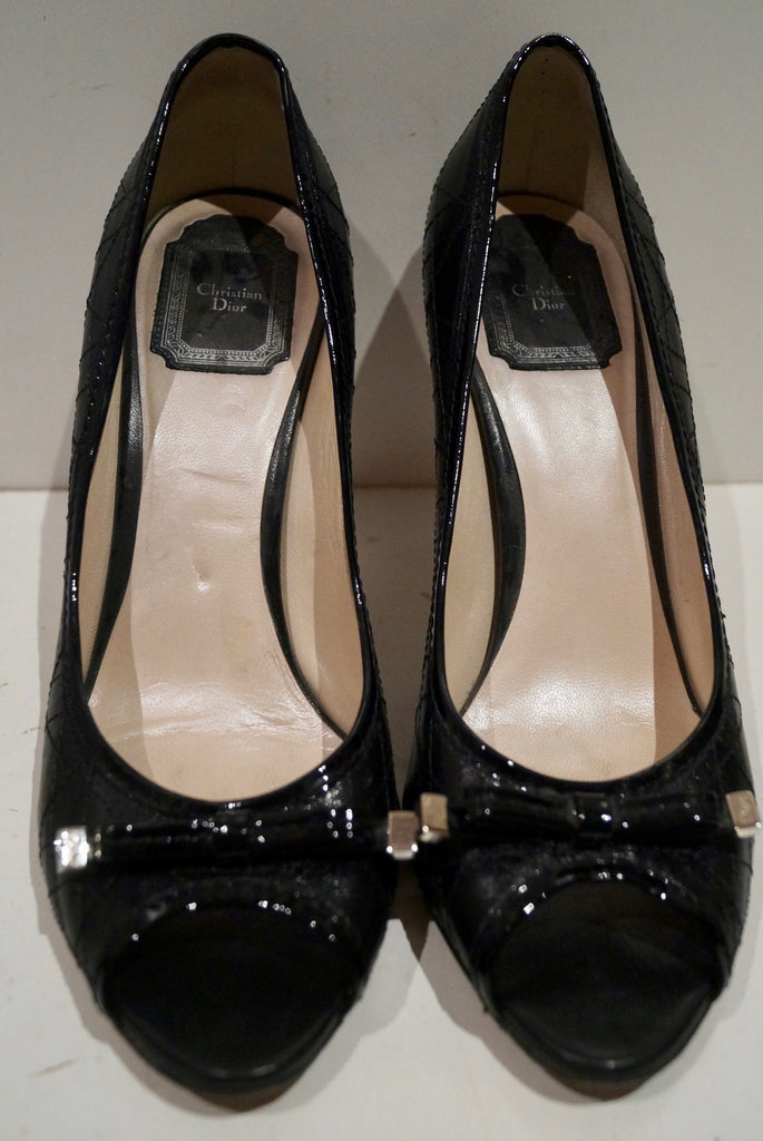 CHRISTIAN DIOR Black Leather Stitch Detail Branded Peep Toe Sandals Shoes UK6.5