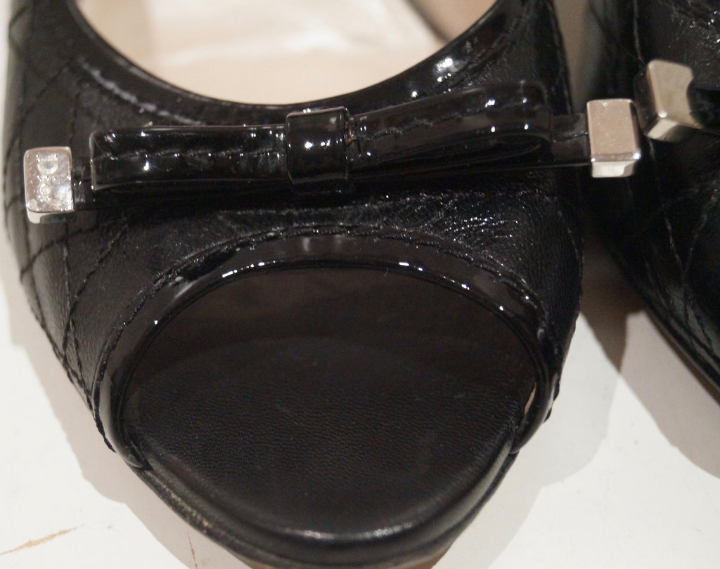 CHRISTIAN DIOR Black Leather Stitch Detail Branded Peep Toe Sandals Shoes UK6.5