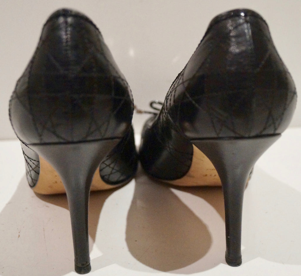CHRISTIAN DIOR Black Leather Stitch Detail Branded Peep Toe Sandals Shoes UK6.5