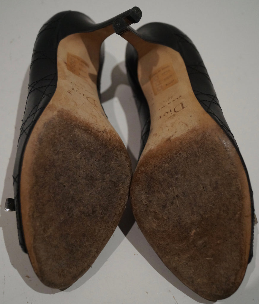 CHRISTIAN DIOR Black Leather Stitch Detail Branded Peep Toe Sandals Shoes UK6.5