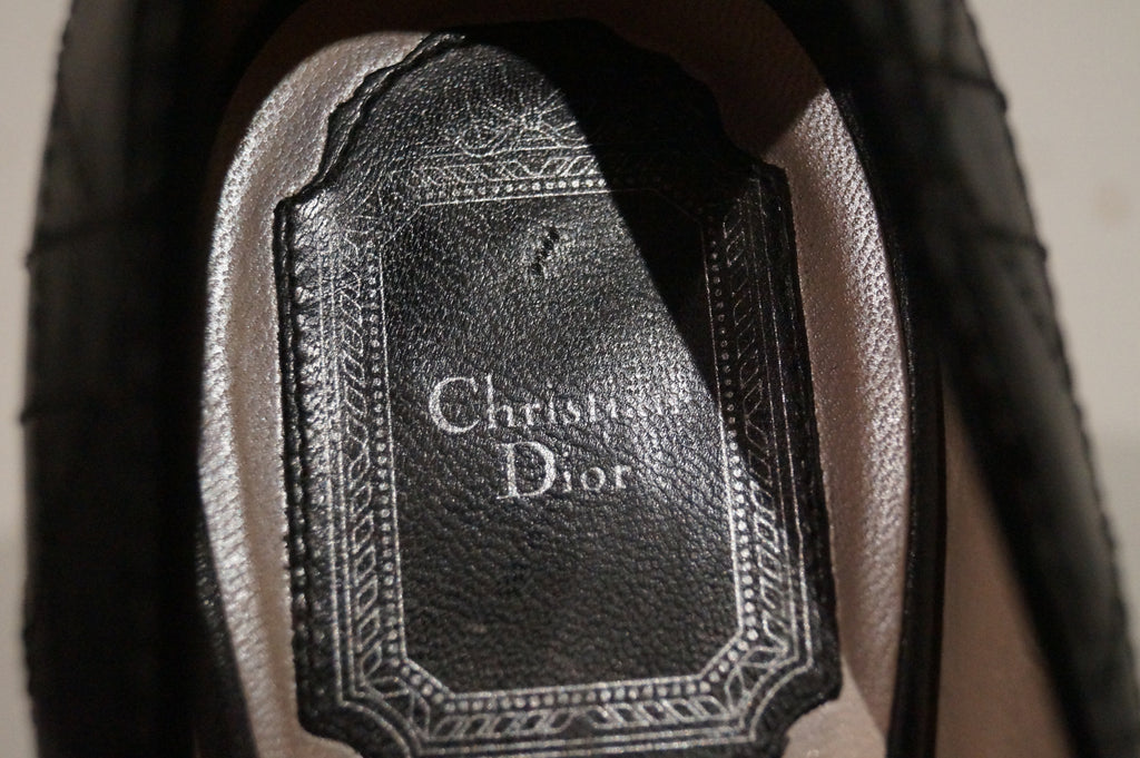 CHRISTIAN DIOR Black Leather Stitch Detail Branded Peep Toe Sandals Shoes UK6.5