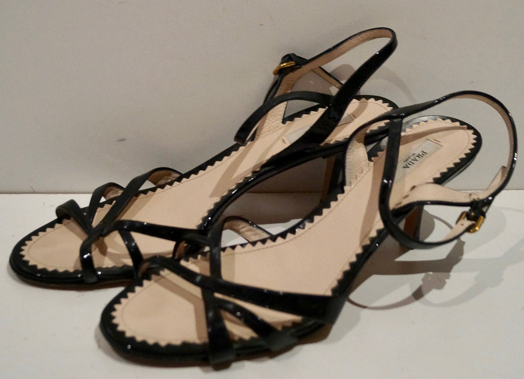 PRADA Black Patent Leather Strappy Mid Height Stiletto Sandals Shoes EU39 UK6