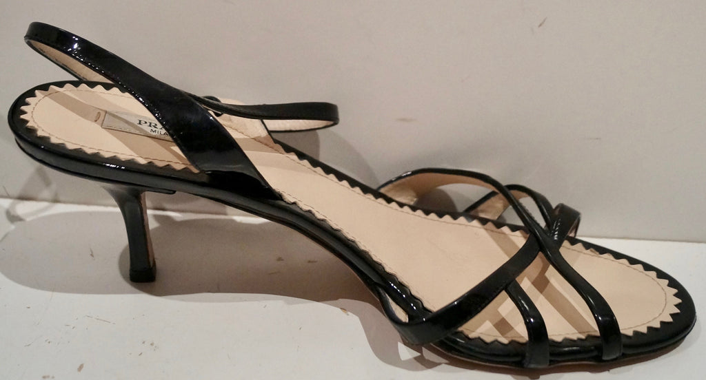 PRADA Black Patent Leather Strappy Mid Height Stiletto Sandals Shoes EU39 UK6
