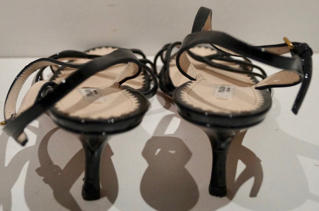 PRADA Black Patent Leather Strappy Mid Height Stiletto Sandals Shoes EU39 UK6