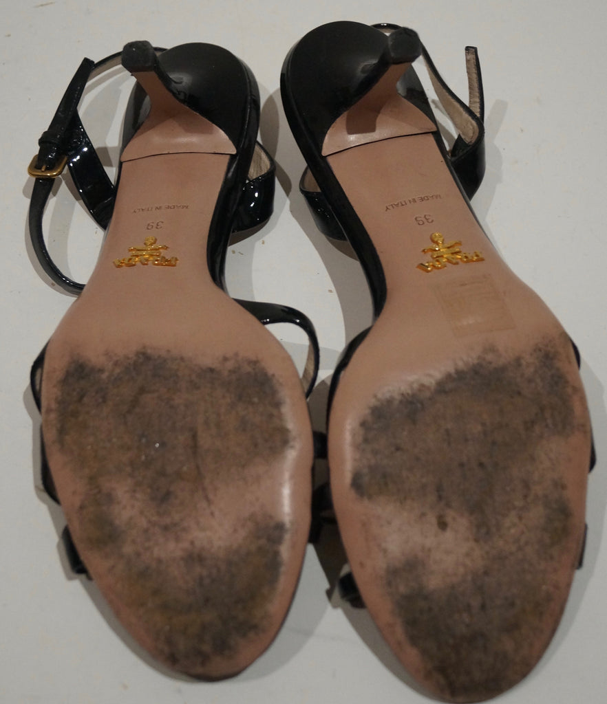 PRADA Black Patent Leather Strappy Mid Height Stiletto Sandals Shoes EU39 UK6