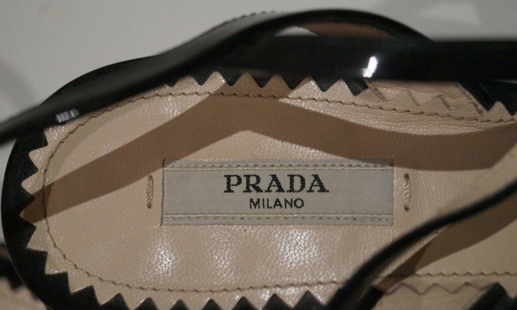 PRADA Black Patent Leather Strappy Mid Height Stiletto Sandals Shoes EU39 UK6