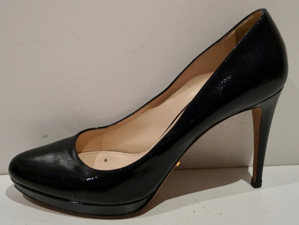 PRADA Women's Black Textured Leather High Stiletto Platform Court Shoes EU39 UK6