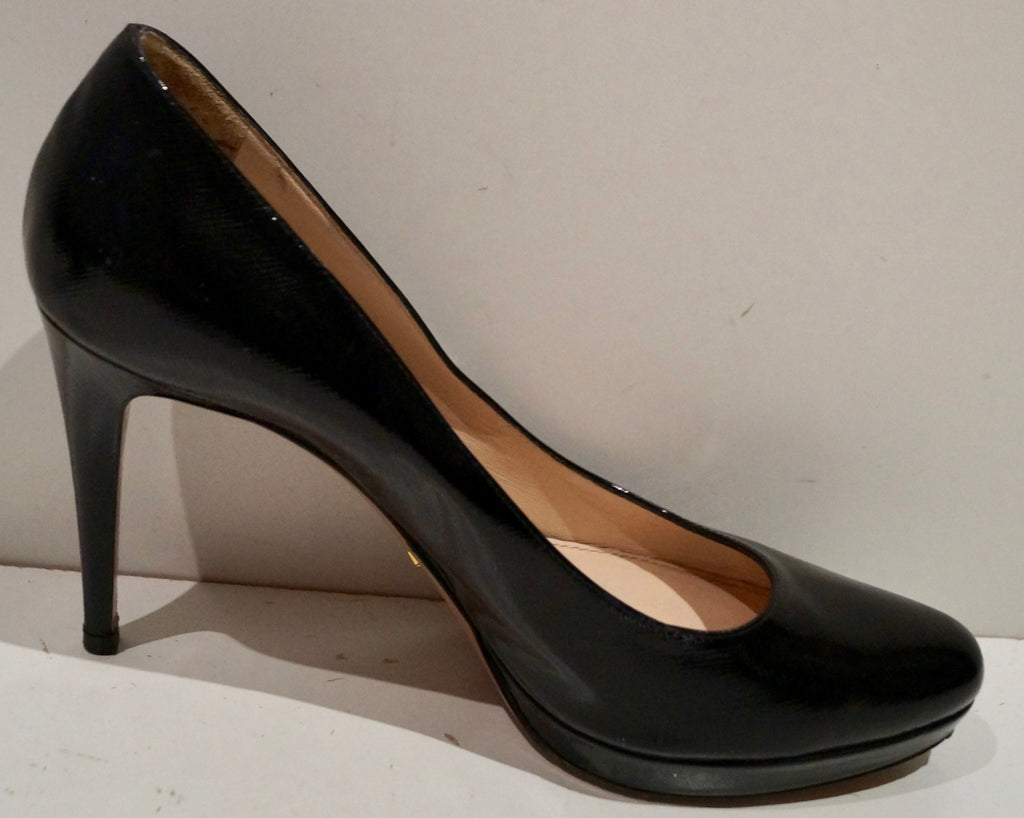 PRADA Women's Black Textured Leather High Stiletto Platform Court Shoes EU39 UK6