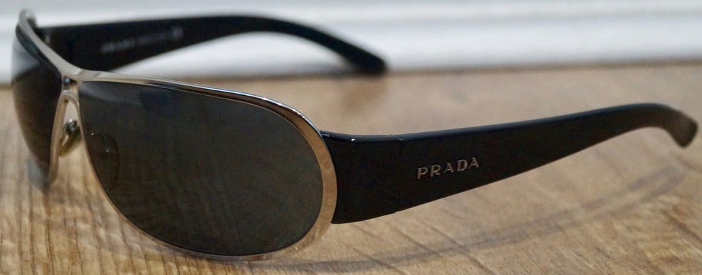 PRADA Made In Italy Black Rounded Rectangular Silver Tone Branded Sunglasses