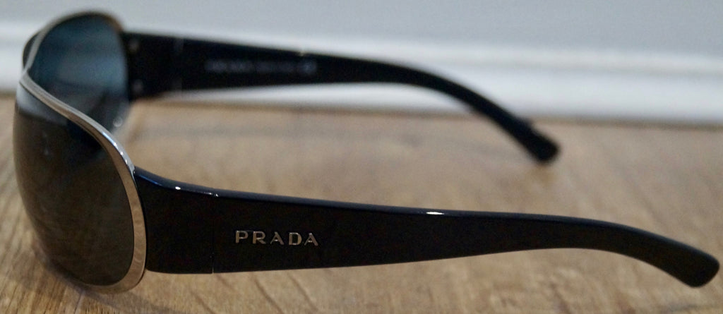 PRADA Made In Italy Black Rounded Rectangular Silver Tone Branded Sunglasses