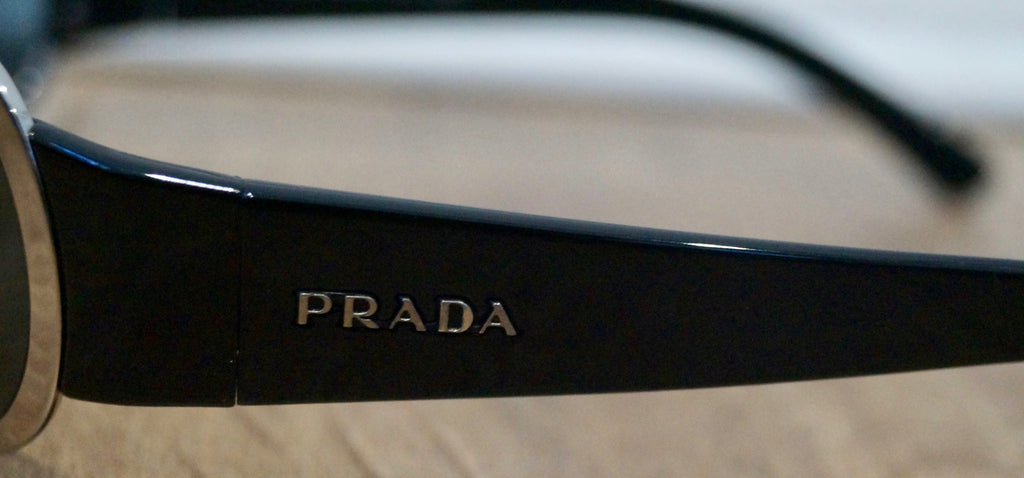 PRADA Made In Italy Black Rounded Rectangular Silver Tone Branded Sunglasses