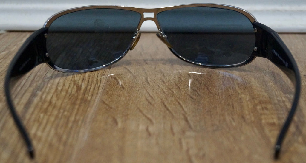 PRADA Made In Italy Black Rounded Rectangular Silver Tone Branded Sunglasses