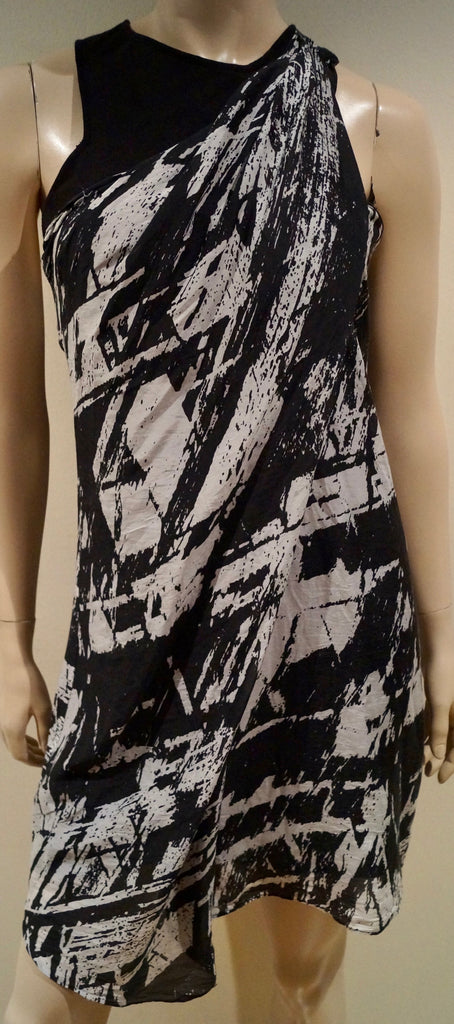 HELMUT LANG Black & Cream Silk Blend Draped Front Sleeveless Racer Rear Dress 4