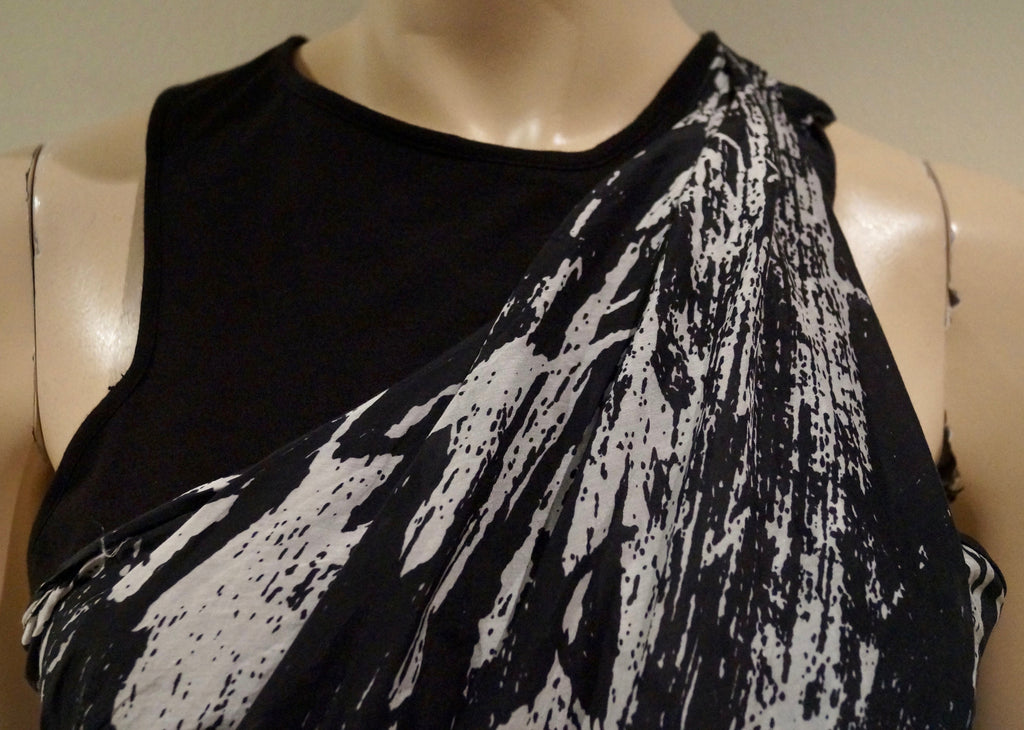 HELMUT LANG Black & Cream Silk Blend Draped Front Sleeveless Racer Rear Dress 4