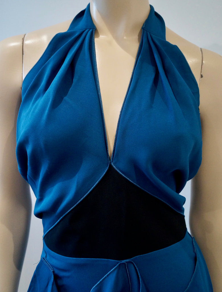 RM BY ROLAND MOURET Royal Blue Halter V Neck Sleeveless Draped Panel Dress UK12