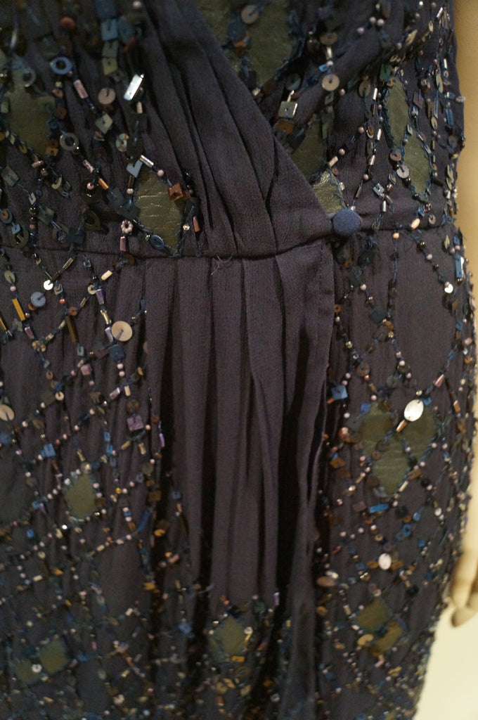 BLANK LONDON Midnight Blue Black Silk Sequin Beaded V Neckline Sleeveless Dress
