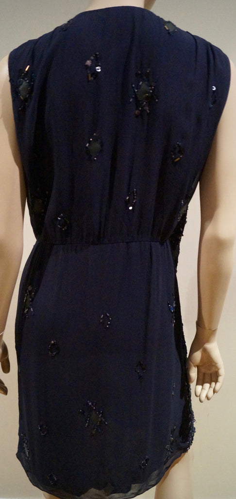 BLANK LONDON Midnight Blue Black Silk Sequin Beaded V Neckline Sleeveless Dress