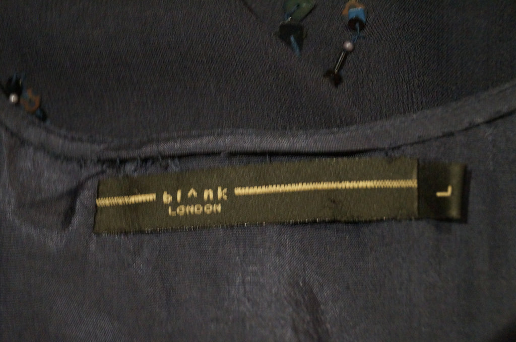 BLANK LONDON Midnight Blue Black Silk Sequin Beaded V Neckline Sleeveless Dress