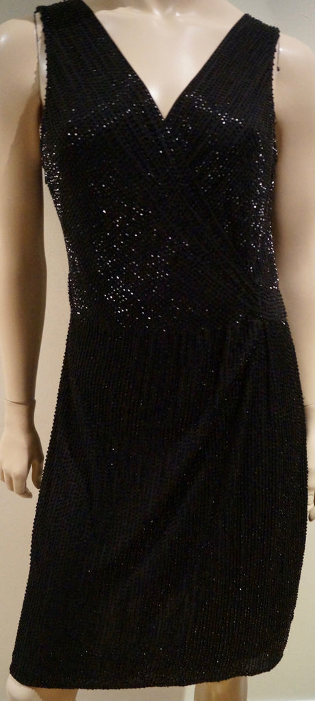 DVF DIANE VON FURSTENBERG Black Silk Beaded V Neckline Sleeveless Evening Dress