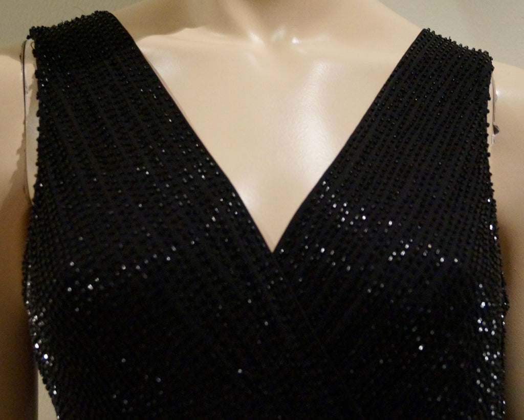 DVF DIANE VON FURSTENBERG Black Silk Beaded V Neckline Sleeveless Evening Dress
