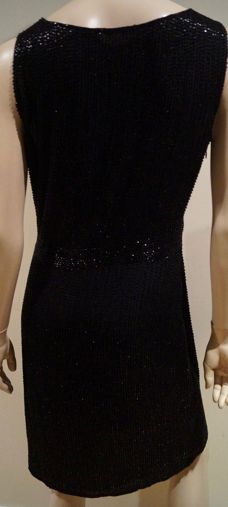 DVF DIANE VON FURSTENBERG Black Silk Beaded V Neckline Sleeveless Evening Dress