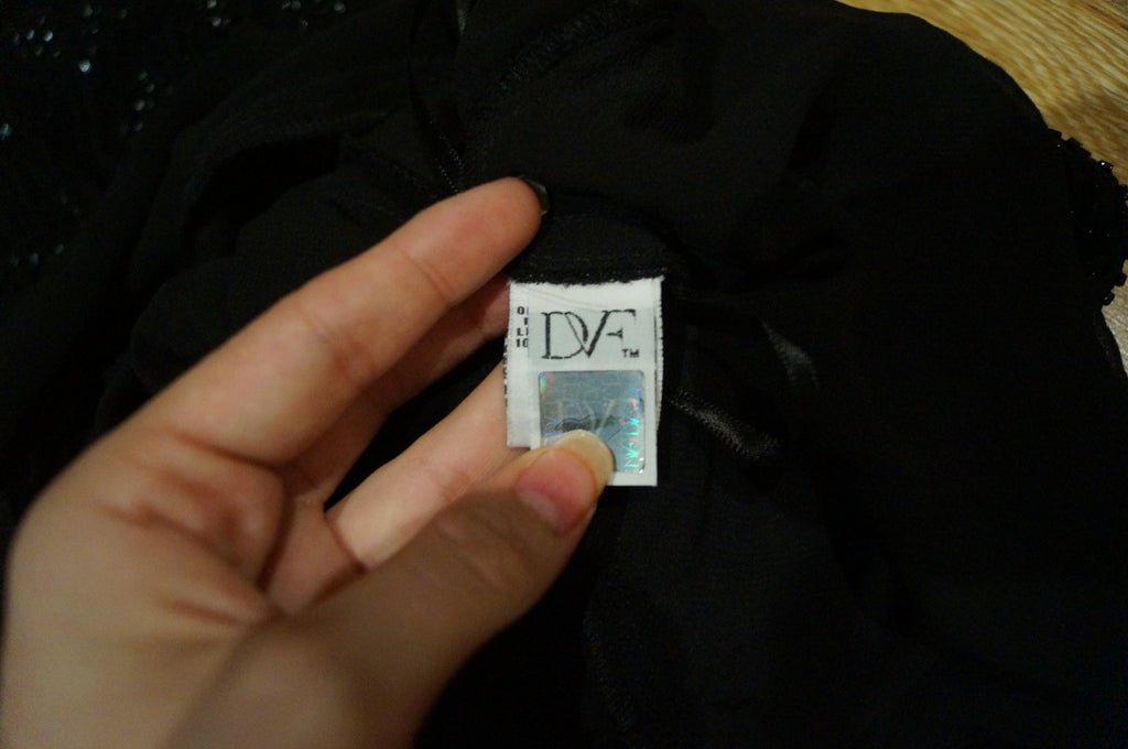 DVF DIANE VON FURSTENBERG Black Silk Beaded V Neckline Sleeveless Evening Dress