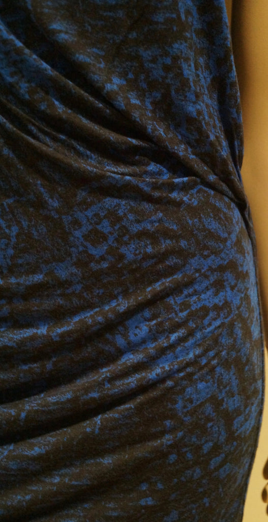 HELMUT LANG Blue & Black Animal Print Sleeveless Ruched Draped Rear Jersey Dress