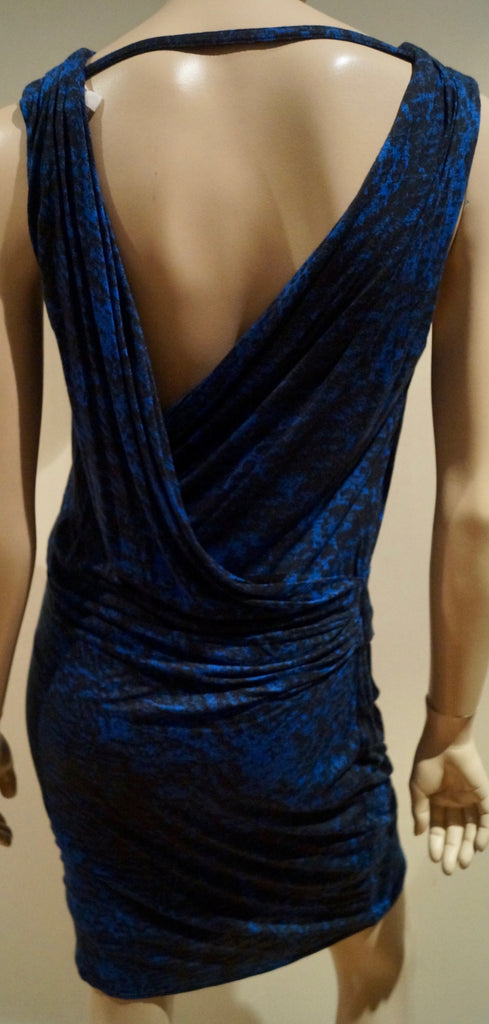 HELMUT LANG Blue & Black Animal Print Sleeveless Ruched Draped Rear Jersey Dress