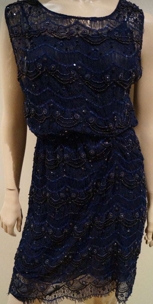 ALICE & OLIVIA Navy Blue Lace Sequin & Bead Embellished Sleeveless Evening Dress