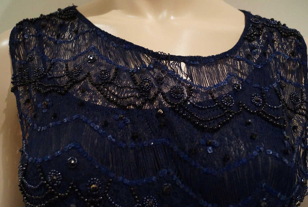 ALICE & OLIVIA Navy Blue Lace Sequin & Bead Embellished Sleeveless Evening Dress