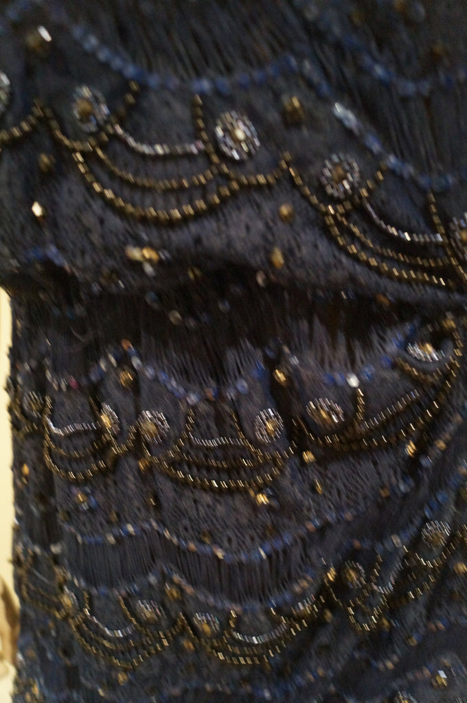 ALICE & OLIVIA Navy Blue Lace Sequin & Bead Embellished Sleeveless Evening Dress