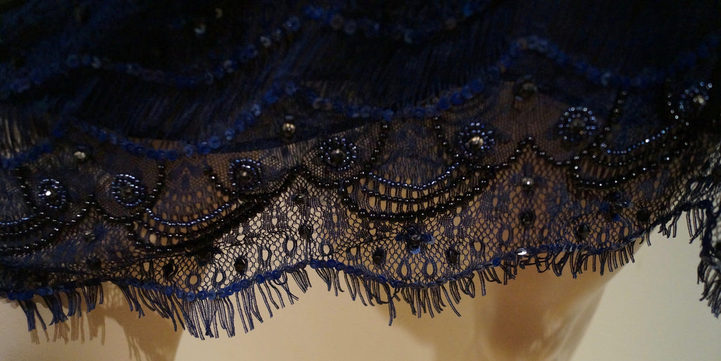 ALICE & OLIVIA Navy Blue Lace Sequin & Bead Embellished Sleeveless Evening Dress