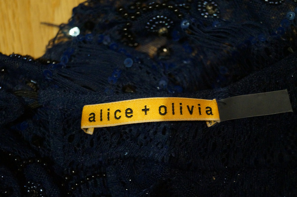 ALICE & OLIVIA Navy Blue Lace Sequin & Bead Embellished Sleeveless Evening Dress