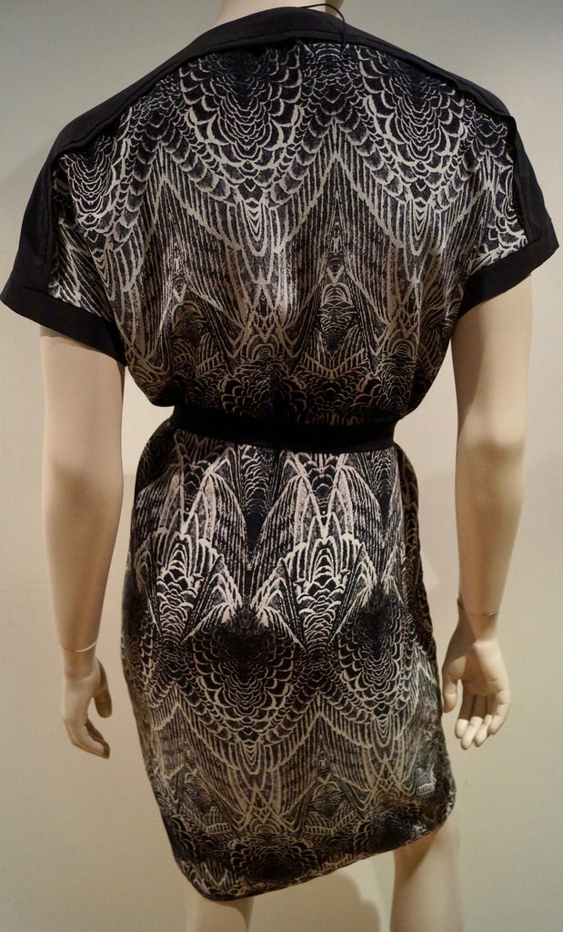DAY BIRGER & MIKKELSEN Black Cream Silk Geometric V Neck Tie Waist Dress UK8