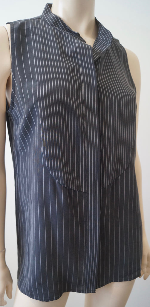 EQUIPMENT FEMME Black & Grey 100% Silk Pinstripe Sleeveless Tunic Blouse Top S/P