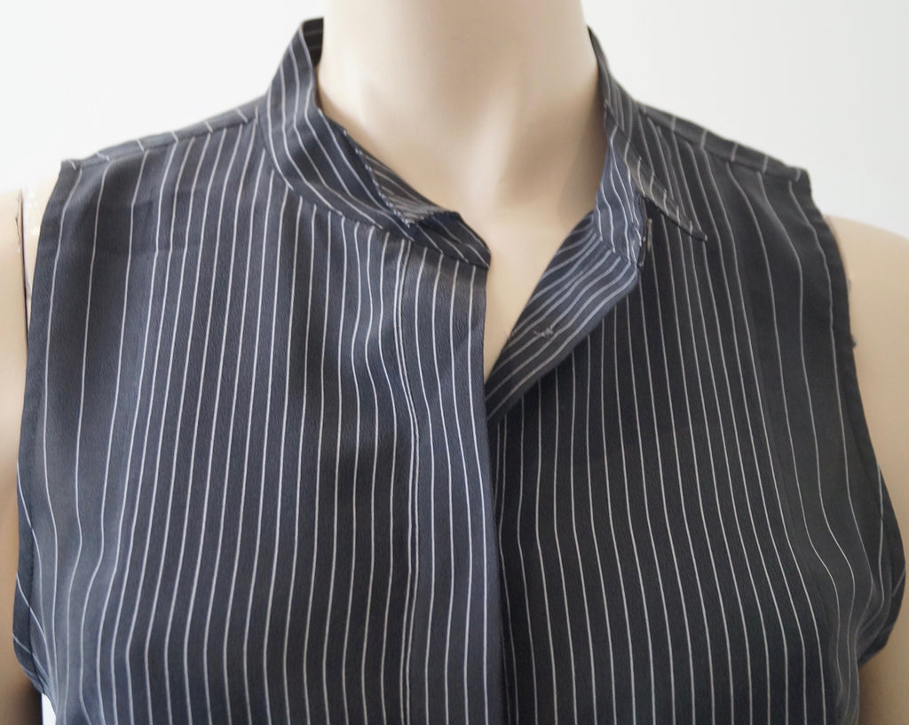 EQUIPMENT FEMME Black & Grey 100% Silk Pinstripe Sleeveless Tunic Blouse Top S/P