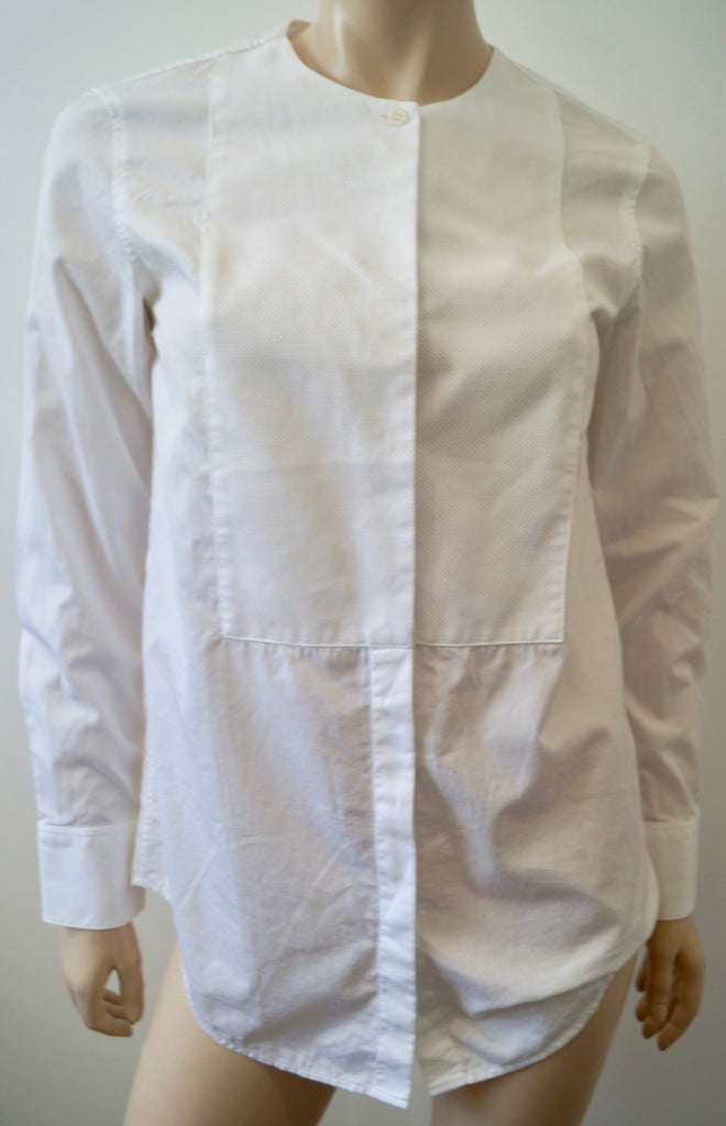 THEORY White 100% Cotton Collarless Bib Detail Long Sleeve Formal Blouse Shirt