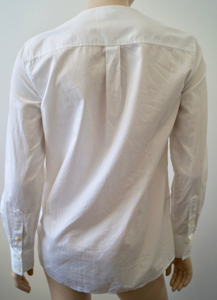 THEORY White 100% Cotton Collarless Bib Detail Long Sleeve Formal Blouse Shirt