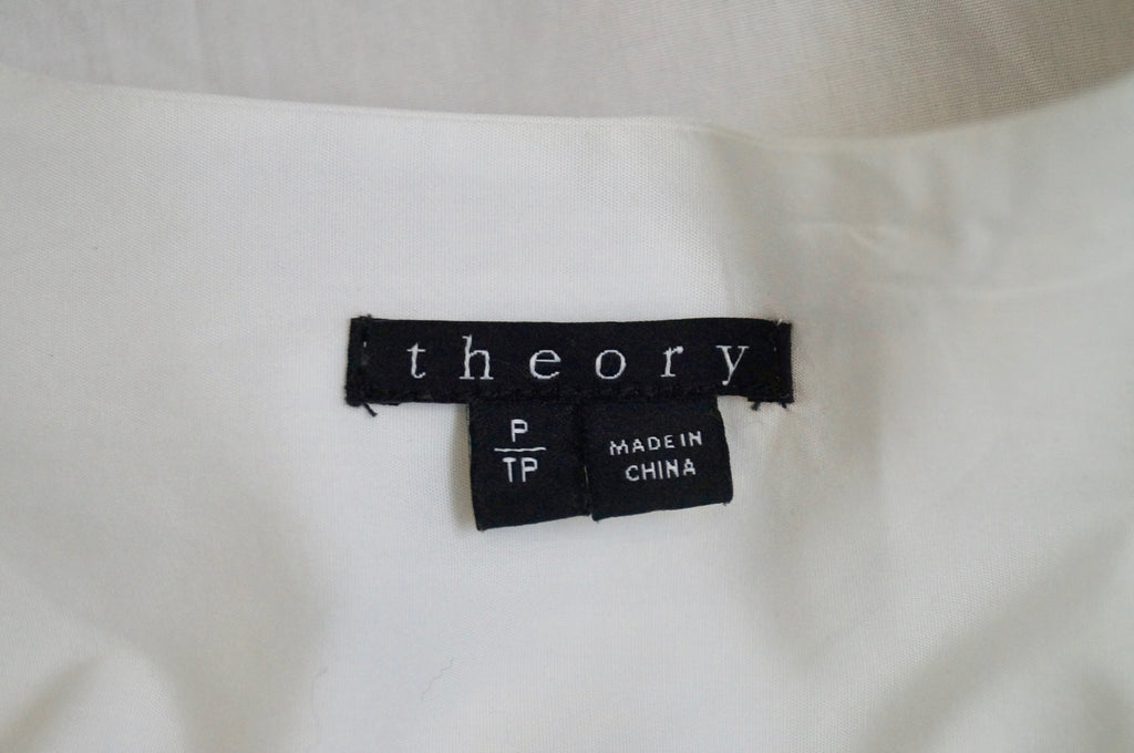THEORY White 100% Cotton Collarless Bib Detail Long Sleeve Formal Blouse Shirt