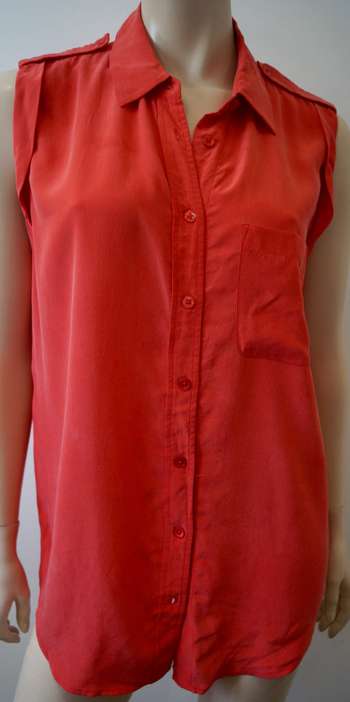 EQUIPMENT FEMME Coral Orange 100% Silk Collared Sleeveless Tunic Blouse Top S
